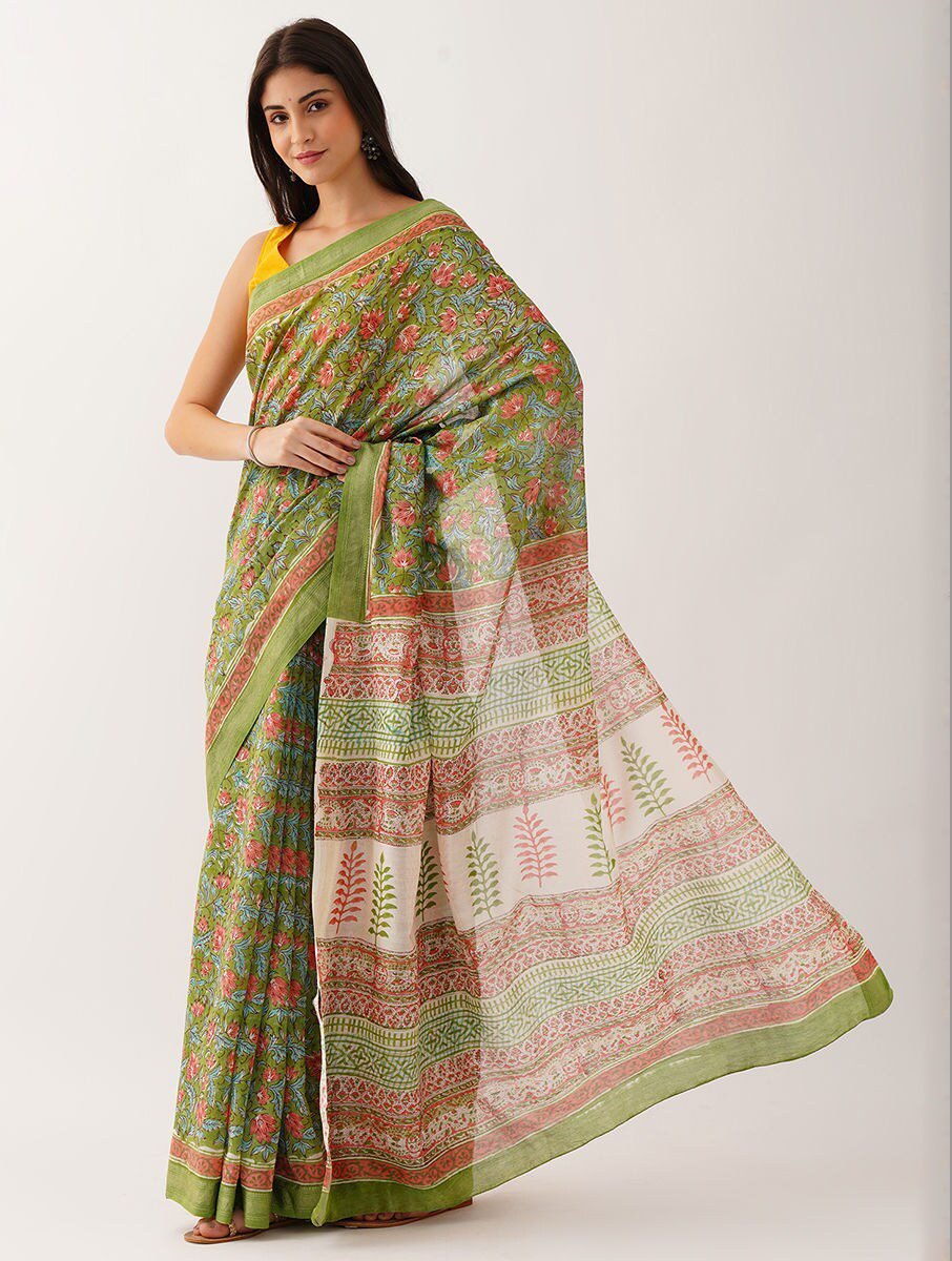 Natural White Cotton Block Print Printed Saree