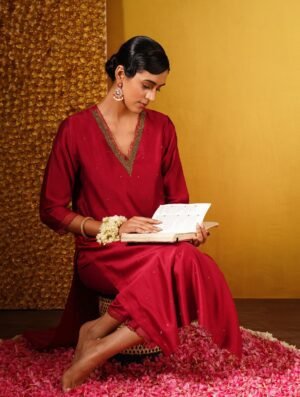 Women Red Cotton Silk Hand Embroidery Kurta With Pants