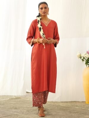 Women Red Brocade Kurta With Pants