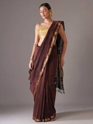 Brown Cotton Silk Maheshwari Woven Saree