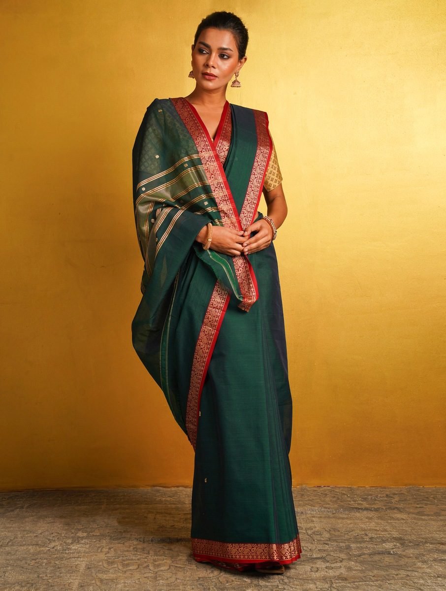 Teal Blue Cotton Jamdani Woven Saree