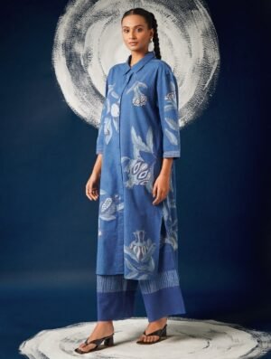 Women Blue Cotton Slub Dabu Kurta With Palazzo