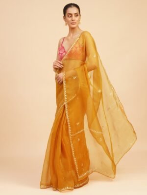 Mustard Yellow Organza Hand Embroidery Solid Saree