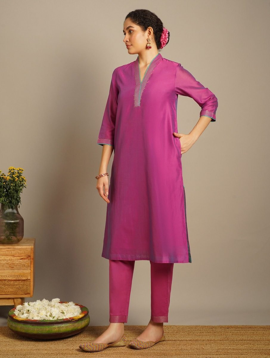 Women Pink Cotton Silk Kurta With Pants