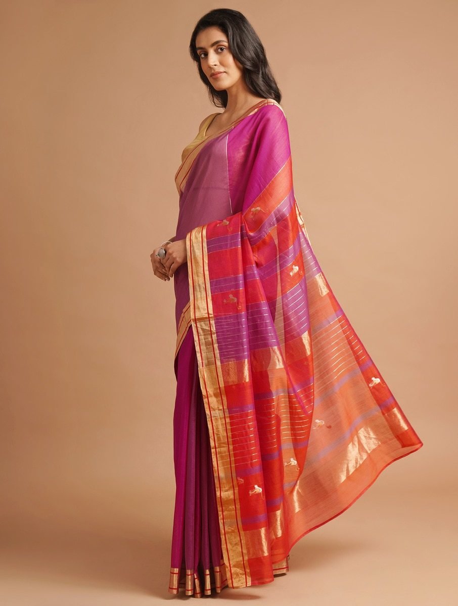 Purple Cotton Silk Chanderi Striped Saree