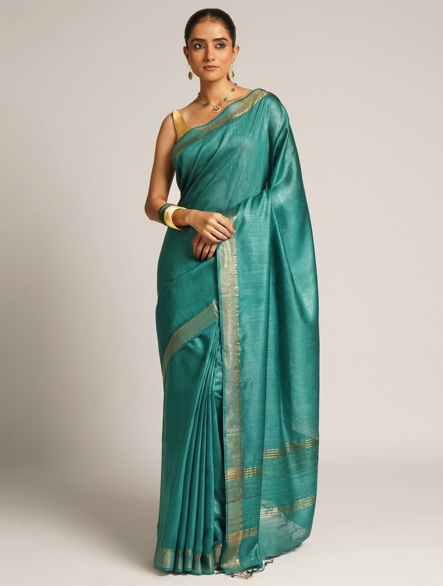 Green Munga Silk Hand Woven Solid Saree