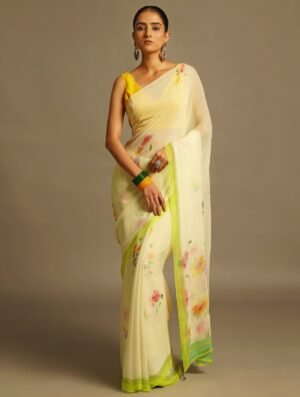 Off White Chiffon Printed Floral Saree