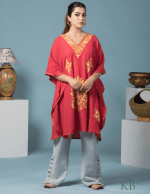 Bright Red Cotton Aari Embroidered Short Summer Kaftan