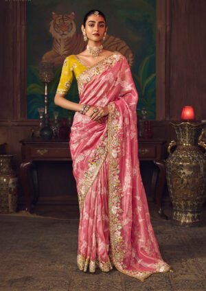 Women'S Coral Pink Silk Blend Embroidered Saree For Wedding Wear