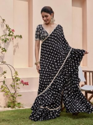Brahmi Crepe Pre-Stitched Black Saree
