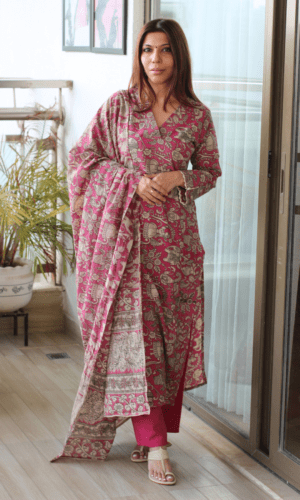 Deep Pink Handblock Kalamkari Kurta, Cotton Handblock Dupatta & Pants
