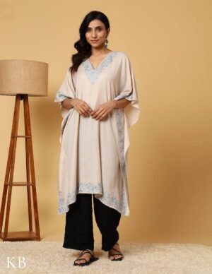 Pearled Ivory Aari Embroidered Woolen Kaftan