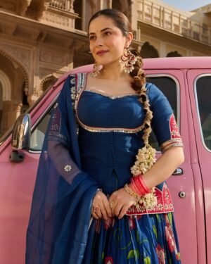 Taj Blue Printed Chanderi Lehenga Set