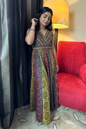 Multicolour Anarkali Western With Pleated Yoke Neck