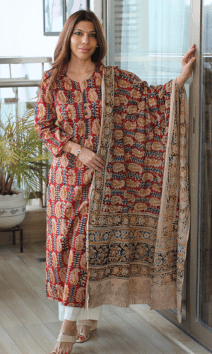 Kalamkari Red & Blue Cotton Kurta & Hand Block Kalamkari Dupatta
