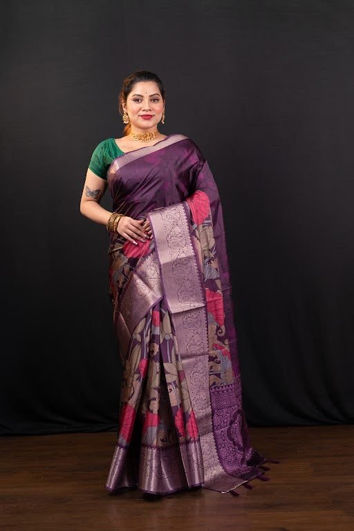 Women'S Wine Floral Printed Soft Gaji Silk Saree With Weaving Jequarad Border