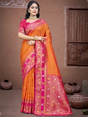 Women'S Orange Silk Woven Work Traditional Saree