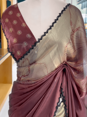 Lotus Reverie: Shimmer Satin Saree With Floral Line Art For Elegant Evenings
