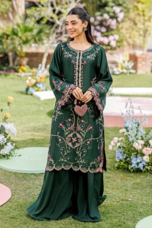 Ss26da-2902 Bottle Green 2pcs  Embroidered Kurta With Trouser