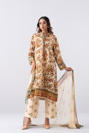 Relaxed Fit Digital Printed Three-Piece Lawn With Chiffon Dupatta