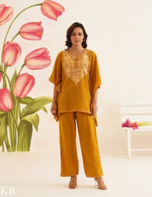 Mustard Brown Aari Embroidered Cotton Kaftan Set | Comfortable Loose-Fit Coordinated Outfit | Summer Ethnic Wear