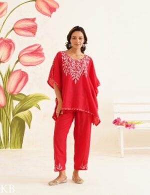 Vibrant Red Zari Embroidered Cotton Kaftan Set | Comfortable Loose-Fit Coordinated Outfit | Summer Ethnic Wear