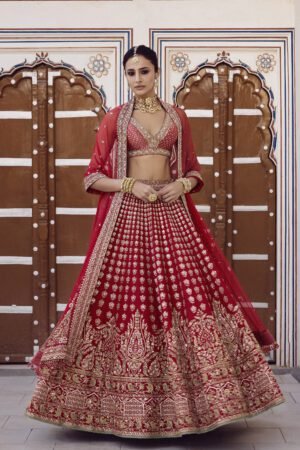 Zamira Embroidered Silk Lehenga Set - Red