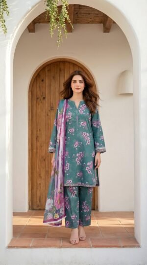 3 Piece Unstitched Printed Arabic Lawn With Printed Chiffon Dupatta