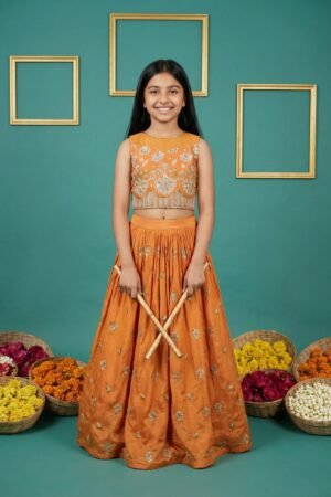 Rust Orange Tissue Silk Embroidered Lehenga Set For Girls