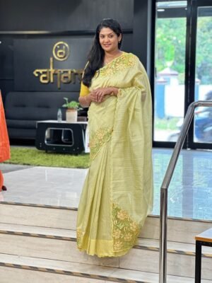 Twine Cut Work Placement Detailed Green Silk Saree | Tc473