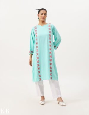 Pamposh Panelled Aari Embroidery Cyan-Green Rayon Kurti Set