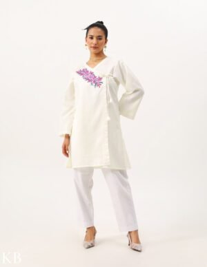 Kesari Hand Aari Off-White Cotton Angrakha