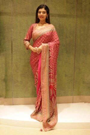 Pink Georgette Printed Saree With Sequins & Pearl Embellishment
