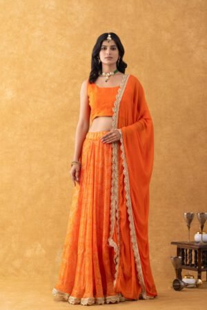 Women'S Orange Silk Bandhani Lehenga Set