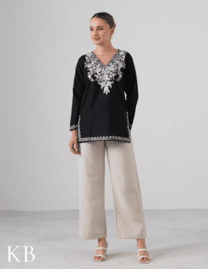 Black Embroidered Short Kurti For Women - Cotton Aari Work