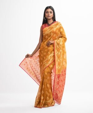 Yellow & Pink Half-Silk Saree