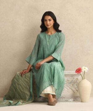 Light Blue Handloom Mul Chanderi Suit Set With Ivory Hand Embroiderd Pant And Stripe Tissue Dupatta