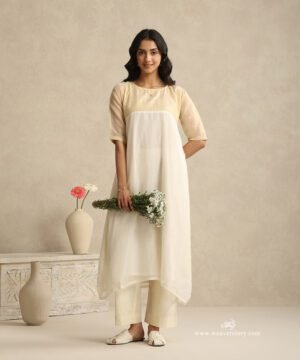 White Handloom Mul Chanderi Suit Set With Cotton Tissue Yoke