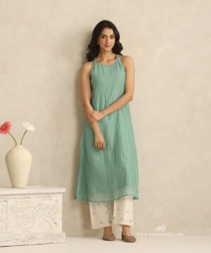Light Blue Handloom Sleeveless Suit Set With Embroidered Pants