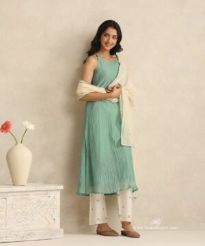 Light Blue Handloom Mul Chanderi Suit With Ivory Pants And Dupatta