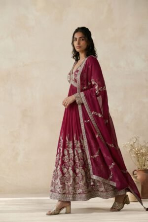 Red Organza Saree With Floral And Butterfly Embroidered Tissue Border