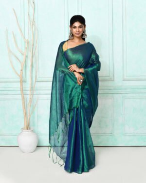 Women'S Green Blue Dual Tone Organic Tissue Saree With Blouse Piece