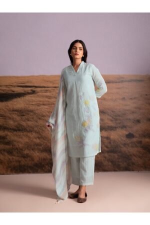 Crinkle Vegan Silk Applique Salwar  Set- Artic Blue