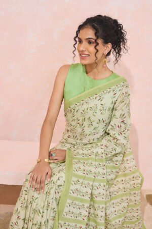 Light Green Rajasthan Pure Cotton Printed Sanganeri Saree