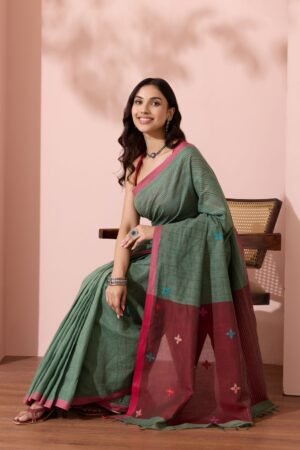 Dark Green Bengal Pure Cotton Kantha Embroidered Saree