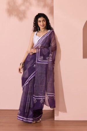 Violet Rajasthan Dabu Block Printed Pure Cotton Kota Saree