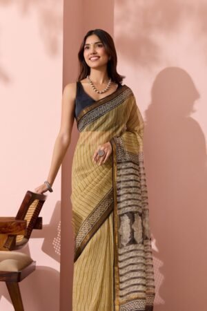 Yellow Rajasthan Bagru Block Printed Pure Cotton Kota Saree