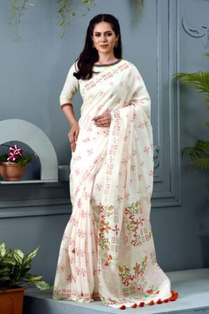 Off White Half Silk Printed Saree
