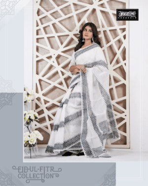 Eid Festival Block Printed Half Silk Fabric Sharee