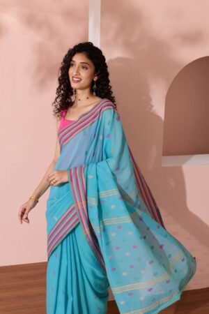 Blue Woven Pure Cotton Bengal Saree